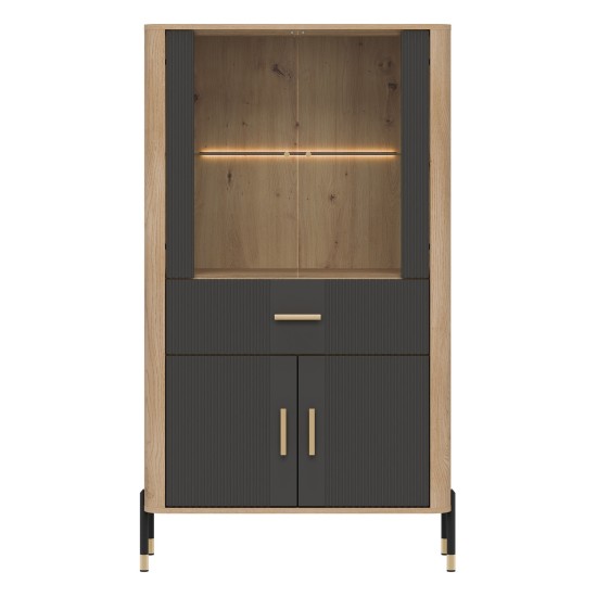 Display cabinet DANTE 93 cm, 4 doors and 1 drawer, cremona torro oak with anthracite matt fronts
