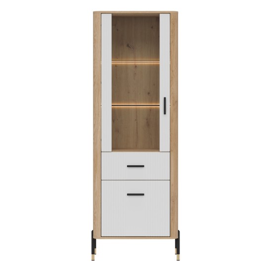 Display cabinet DANTE 70 cm, 2 doors and 1 drawer, left or right, cremona torro oak with white matt fronts