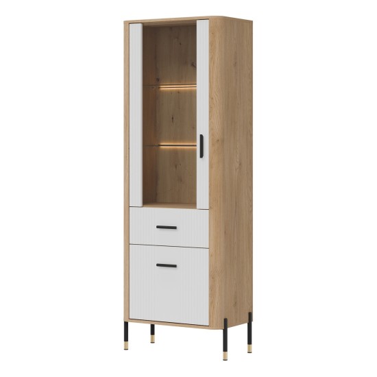 Display cabinet DANTE 70 cm, 2 doors and 1 drawer, left or right, cremona torro oak with white matt fronts
