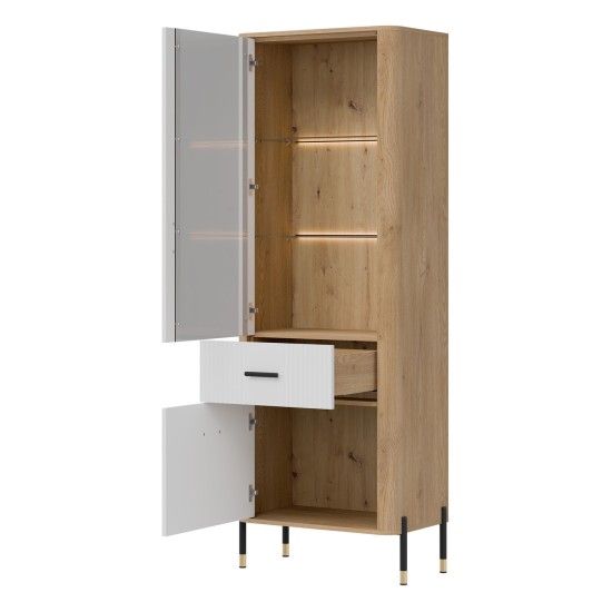 Display cabinet DANTE 70 cm, 2 doors and 1 drawer, left or right, cremona torro oak with white matt fronts