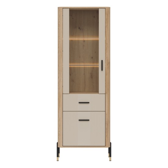Display cabinet DANTE 70 cm, 2 doors and 1 drawer, left or right, cremona torro oak with cashmere matt fronts