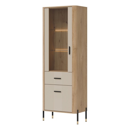 Display cabinet DANTE 70 cm, 2 doors and 1 drawer, left or right, cremona torro oak with cashmere matt fronts