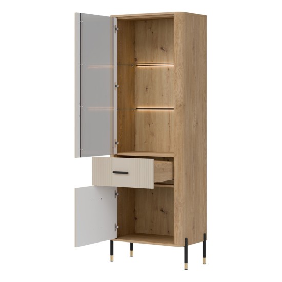 Display cabinet DANTE 70 cm, 2 doors and 1 drawer, left or right, cremona torro oak with cashmere matt fronts