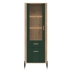Display cabinet DANTE 70 cm, 2 doors and 1 drawer, left or right, cremona torro oak with green matt fronts