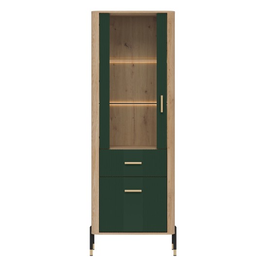 Display cabinet DANTE 70 cm, 2 doors and 1 drawer, left or right, cremona torro oak with green matt fronts