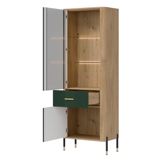 Display cabinet DANTE 70 cm, 2 doors and 1 drawer, left or right, cremona torro oak with green matt fronts