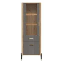 Display cabinet DANTE 70 cm, 2 doors and 1 drawer, left or right, cremona torro oak with grey matt fronts