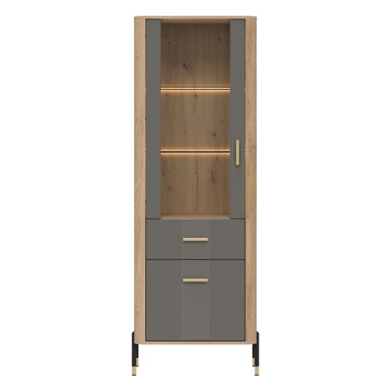 Display cabinet DANTE 70 cm, 2 doors and 1 drawer, left or right, cremona torro oak with grey matt fronts