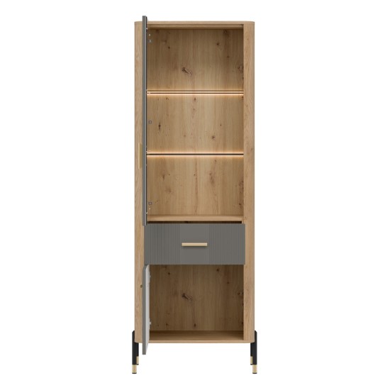 Display cabinet DANTE 70 cm, 2 doors and 1 drawer, left or right, cremona torro oak with grey matt fronts