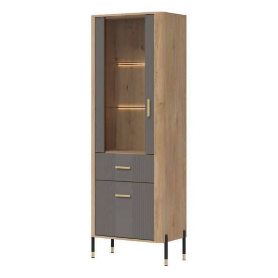 Display cabinet DANTE 70 cm, 2 doors and 1 drawer, left or right, cremona torro oak with grey matt fronts