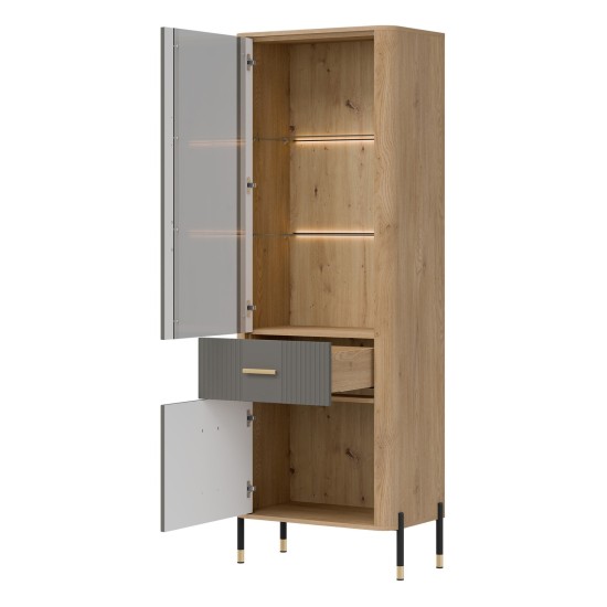 Display cabinet DANTE 70 cm, 2 doors and 1 drawer, left or right, cremona torro oak with grey matt fronts