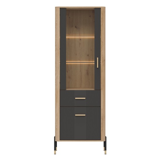 Display cabinet DANTE 70 cm, 2 doors and 1 drawer, left or right, cremona torro oak with anthracite matt fronts