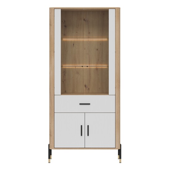 Display cabinet DANTE 93 cm, 4 doors and 1 drawer, cremona torro oak with white matt fronts