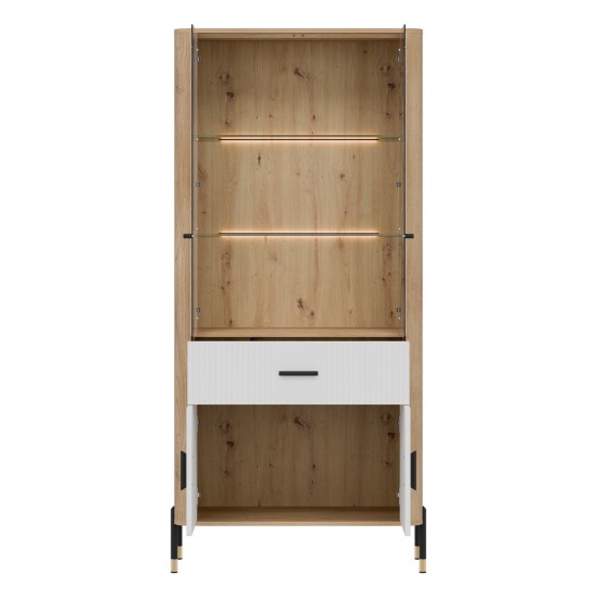 Display cabinet DANTE 93 cm, 4 doors and 1 drawer, cremona torro oak with white matt fronts