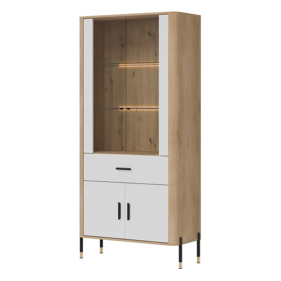 Display cabinet DANTE 93 cm, 4 doors and 1 drawer, cremona torro oak with white matt fronts