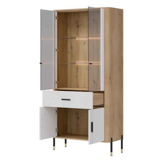 Display cabinet DANTE 93 cm, 4 doors and 1 drawer, cremona torro oak with white matt fronts
