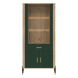 Display cabinet DANTE 93 cm, 4 doors and 1 drawer, cremona torro oak with green matt fronts