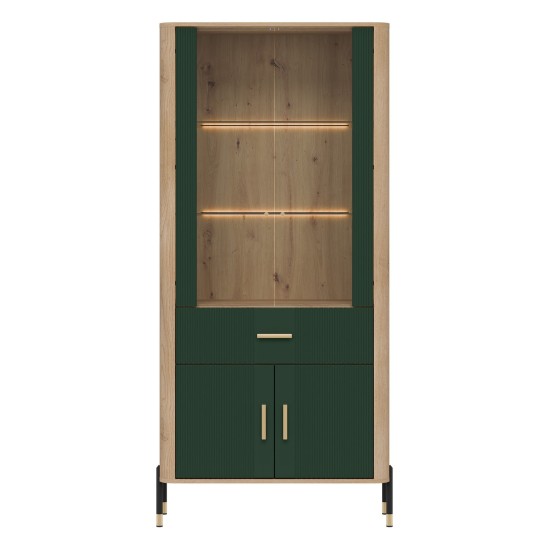 Display cabinet DANTE 93 cm, 4 doors and 1 drawer, cremona torro oak with green matt fronts