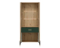Display cabinet DANTE 93 cm, 4 doors and 1 drawer, cremona torro oak with green matt fronts