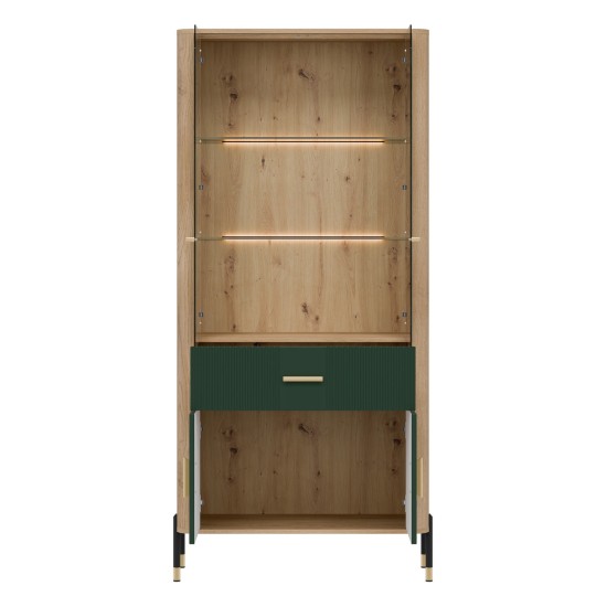 Display cabinet DANTE 93 cm, 4 doors and 1 drawer, cremona torro oak with green matt fronts