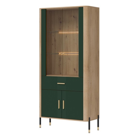 Display cabinet DANTE 93 cm, 4 doors and 1 drawer, cremona torro oak with green matt fronts
