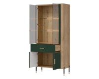 Display cabinet DANTE 93 cm, 4 doors and 1 drawer, cremona torro oak with green matt fronts