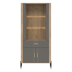 Display cabinet DANTE 93 cm, 4 doors and 1 drawer, cremona torro oak with grey matt fronts