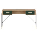 Desk DANTE 140 cm, 2 drawers, cremona torro oak with green matt fronts