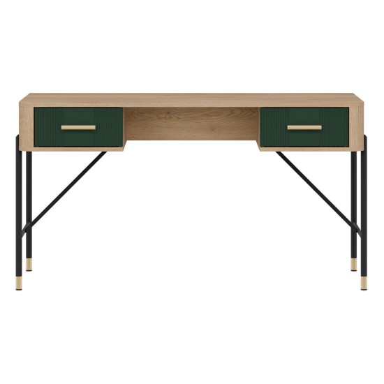 Desk DANTE 140 cm, 2 drawers, cremona torro oak with green matt fronts