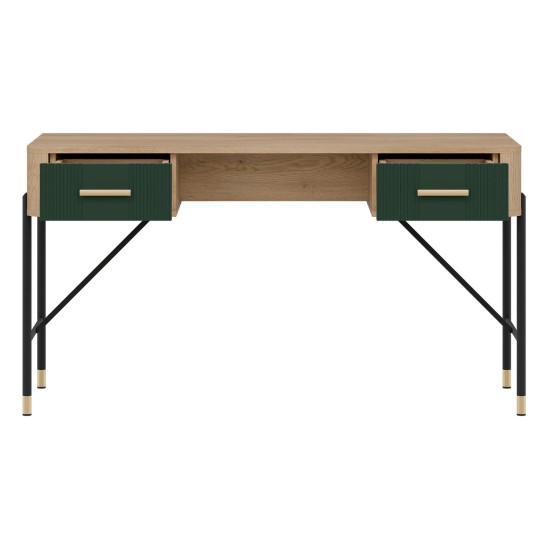 Desk DANTE 140 cm, 2 drawers, cremona torro oak with green matt fronts