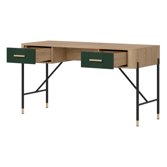 Desk DANTE 140 cm, 2 drawers, cremona torro oak with green matt fronts