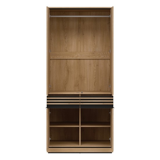 Wardrobe FERRO 93 cm, 4 doors and 2 drawers, cremona torro oak and black