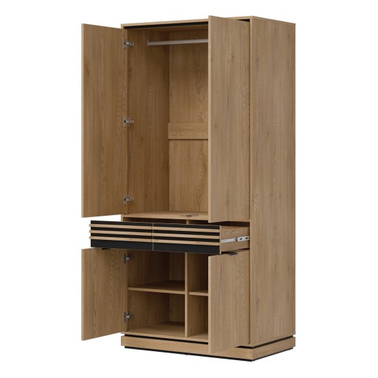 Wardrobe FERRO 93 cm, 4 doors and 2 drawers, cremona torro oak and black