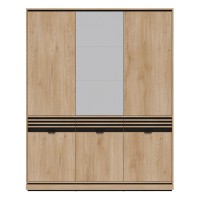Wardrobe FERRO 165 cm, 6 doors and 3 drawers, with mirror, cremona torro oak and black