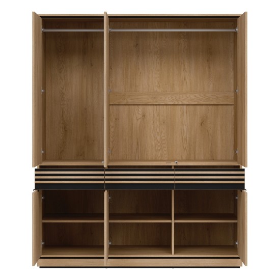 Wardrobe FERRO 165 cm, 6 doors and 3 drawers, with mirror, cremona torro oak and black