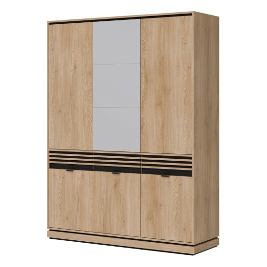 Wardrobe FERRO 165 cm, 6 doors and 3 drawers, with mirror, cremona torro oak and black