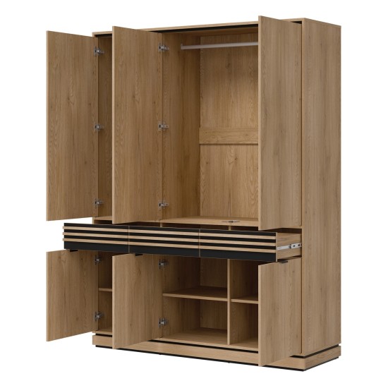 Wardrobe FERRO 165 cm, 6 doors and 3 drawers, with mirror, cremona torro oak and black
