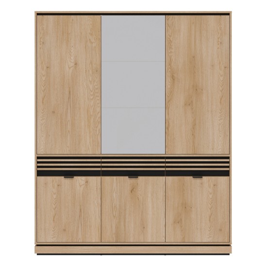 ארון בגדים FERRO 165, 6 דלתות ו 3 מגירות, עם מראה, אלון קרמונה טורו ושחור