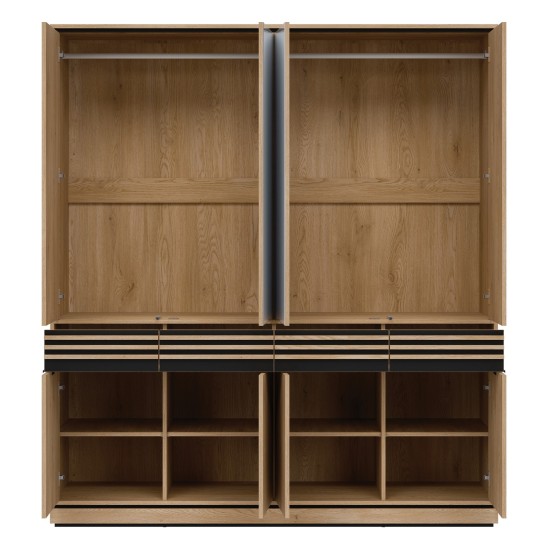 Wardrobe FERRO 182 cm, 8 doors and 4 drawers, with mirror, cremona torro oak and black