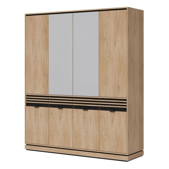 Wardrobe FERRO 182 cm, 8 doors and 4 drawers, with mirror, cremona torro oak and black