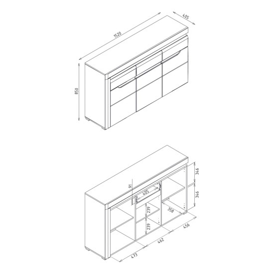 Chest of drawers IRMA 152 cm, 3 doors and 1 drawer, white and maggia oak with white gloss fronts Chest of drawers IRMA 152 cm, 3 doors and 1 drawer, white and maggia oak with white gloss fronts