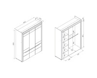 Wardrobe IRMA 164 cm, 3 doors, with mirror, white and maggia oak with white gloss fronts