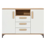 Chest of drawers KUBO 126 cm, 2 doors and 3 drawers, nagano oak with white gloss fronts