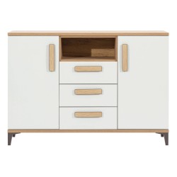 Chest of drawers KUBO 126 cm, 2 doors and 3 drawers, nagano oak with white gloss fronts Chest of drawers KUBO 126 cm, 2 doors and 3 drawers, nagano oak with white gloss fronts