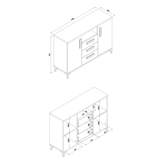 Chest of drawers KUBO 126 cm, 2 doors and 3 drawers, nagano oak with white gloss fronts
