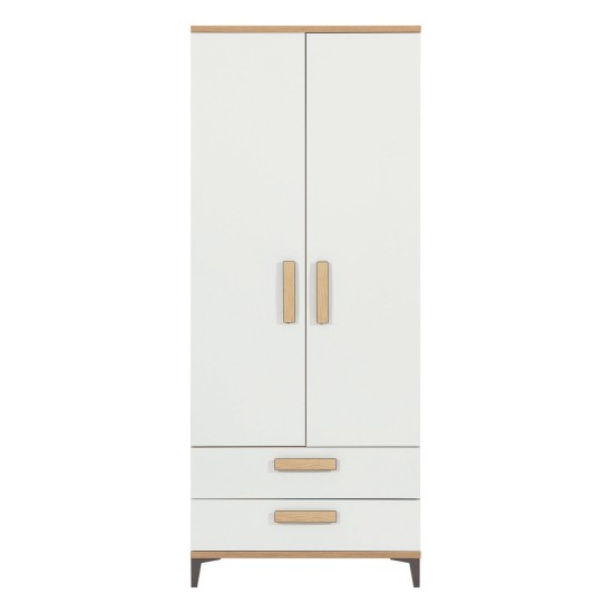 Wardrobe KUBO 78 cm, 2 doors and 2 drawers, nagano oak with white gloss fronts