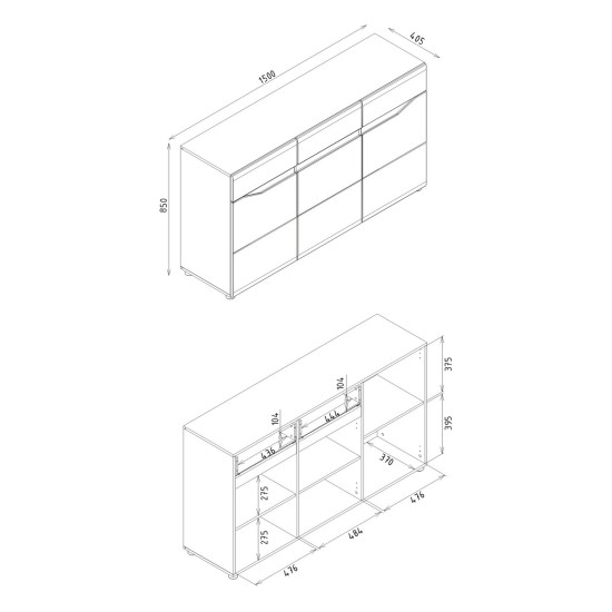 Chest of drawers LIONEL 150 cm, 3 doors and 1 drawer, truffle sonoma oak with white gloss fronts Chest of drawers LIONEL 150 cm, 3 doors and 1 drawer, truffle sonoma oak with white gloss fronts
