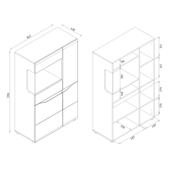 Display cabinet LIONEL 84 cm, 4 doors, truffle sonoma oak with white gloss fronts