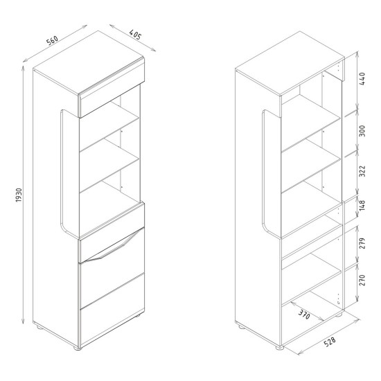 Display cabinet LIONEL 56 cm, 2 doors, truffle sonoma oak with white gloss fronts