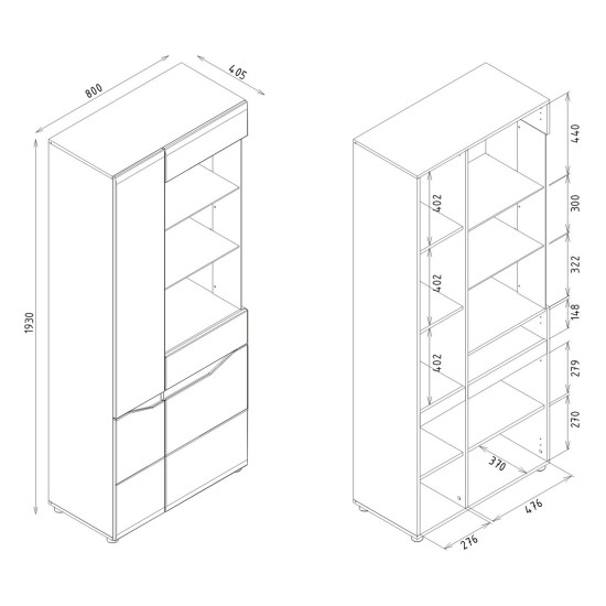 Display cabinet LIONEL 80 cm, 4 doors, truffle sonoma oak with white gloss fronts